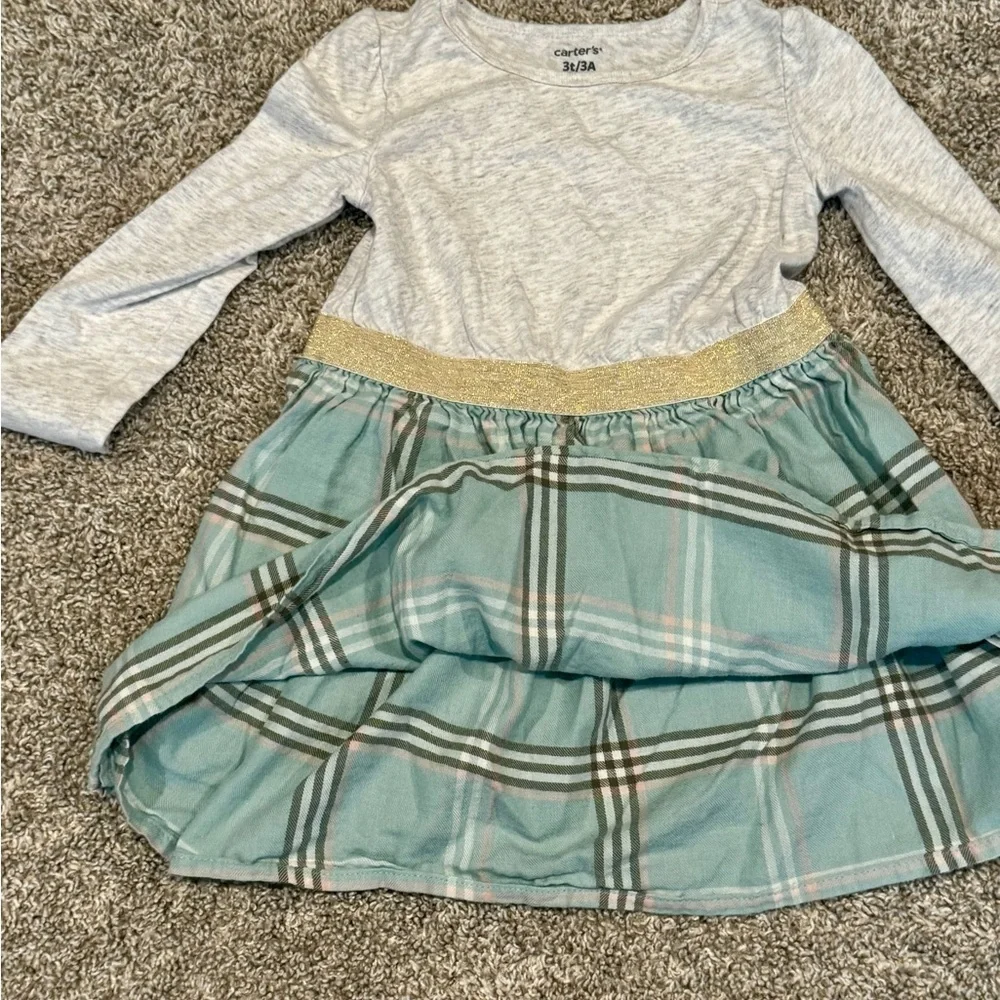 Carter’s Toddler Plaid Skirt Dress Gold Sparkle long sleeve Dress Size 3T - Picture 2 of 9